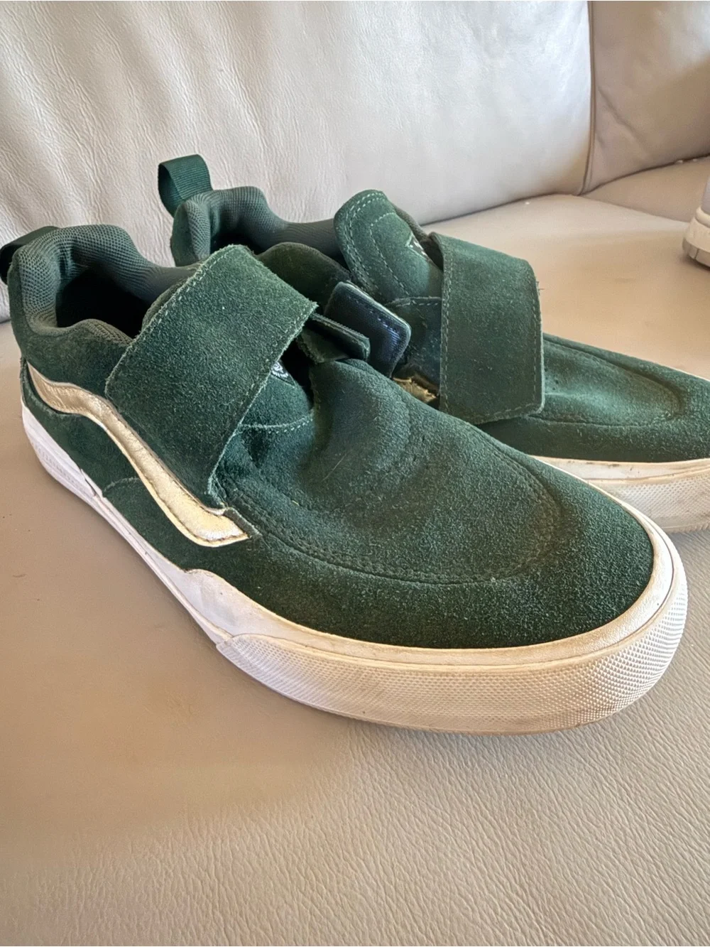 Vans Green Suede Velcro Slip-On Sneakers with White Side Stripe